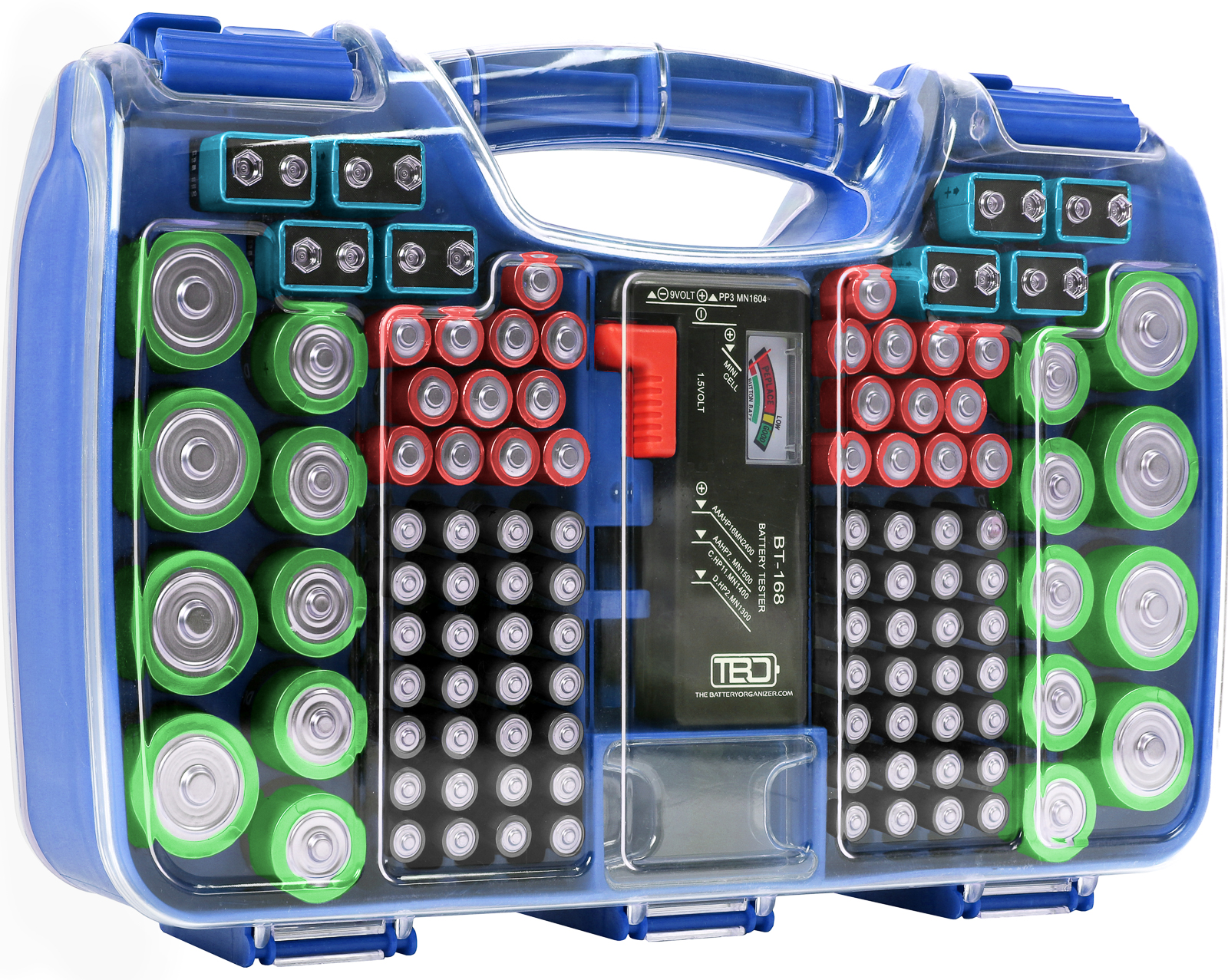 The Battery Organizer Battery Storage Case with Hinged Clear Cover, Includes a Removable Battery Tester, Holds 180 Batteries Various Sizes Blue. - image 1 of 7