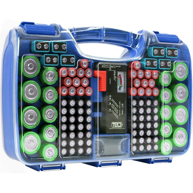 The Battery Organizer Battery Storage Case with Hinged Clear Cover, Includes a Removable Battery Tester, Holds 180 Batteries Various Sizes Blue.