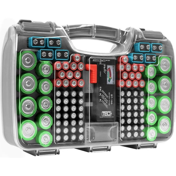 THE BATTERY ORGANISER Storage Case with Tester, Stores & Protects Up to 180 Batteries, Hinge Clear Cover with Locking Lid, Garage Gadget Organization Holds AA AAA C D and More, Gray