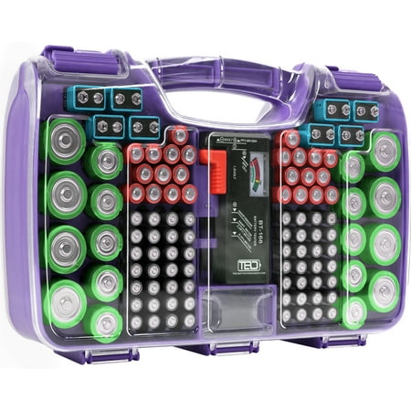 The Battery Organizer Storage Case with Hinged Clear Cover, Includes a Removable Battery Tester, Holds 180 Batteries Various Sizes Purple