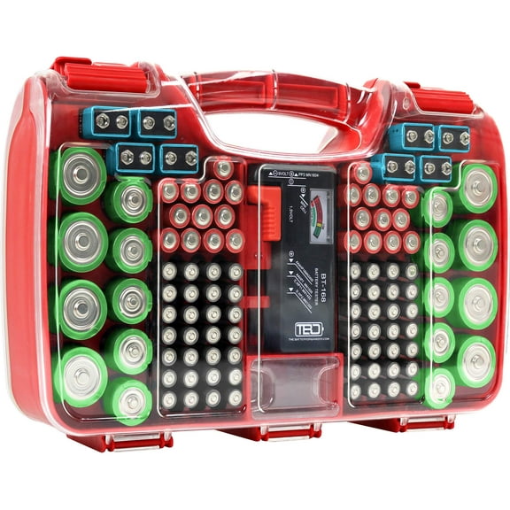 The Battery Organizer Storage Case with Hinged Clear Cover, Includes a Removable Battery Tester, Holds 180 Batteries Various Sizes Red.