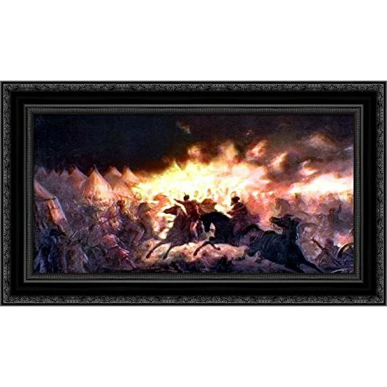 The Battle With Torches 24x16 Black Ornate Wood Framed Canvas Art