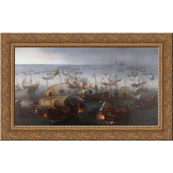 The Battle with the Spanish Armada 24x16 Gold Ornate Wood Framed Canvas Art by Hendrick Cornelisz Vroom