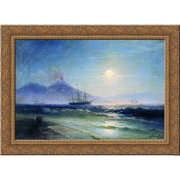 The Bay of Naples at night 24x20 Gold Ornate Wood Framed Canvas Art by Aivazovsky, Ivan