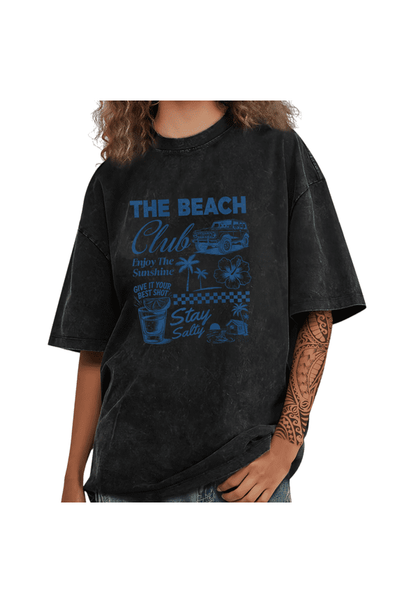 The Beach Club Stay Salty Retro Off-Road Car Palm Tree Graphic Tees T-shirt Nautical Tops Short Sleeve Black S-2XL Plus Size