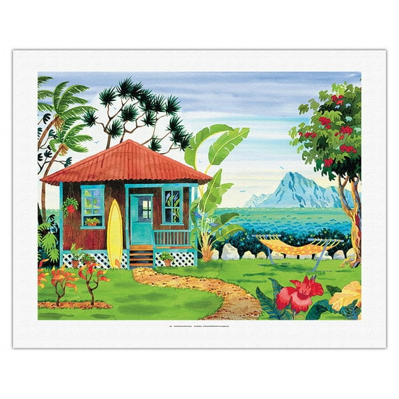 The Beach House - Hawaii - Hawaiian Islands - Tropical Paradise - From an Original Watercolor Painting by Robin Wethe Altman - Fine Art Rolled Canvas Print 20in x 26in