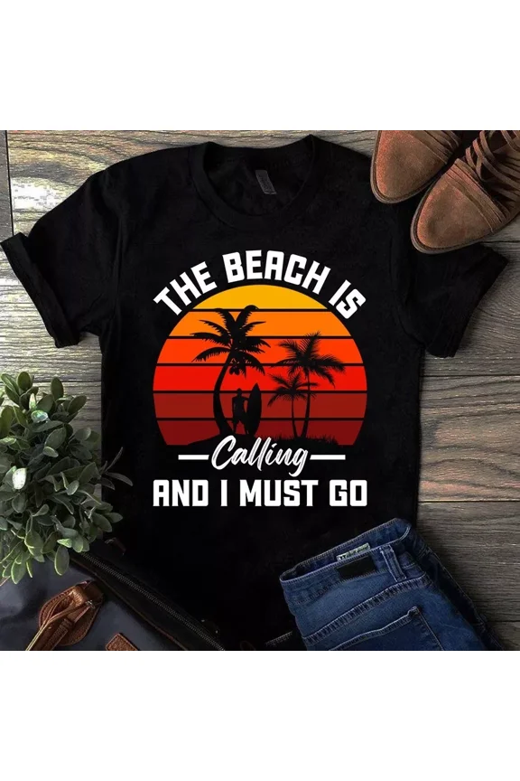 The Beach Is Calling and I Must Go Retro Vintage Surfing Beach Tshirt