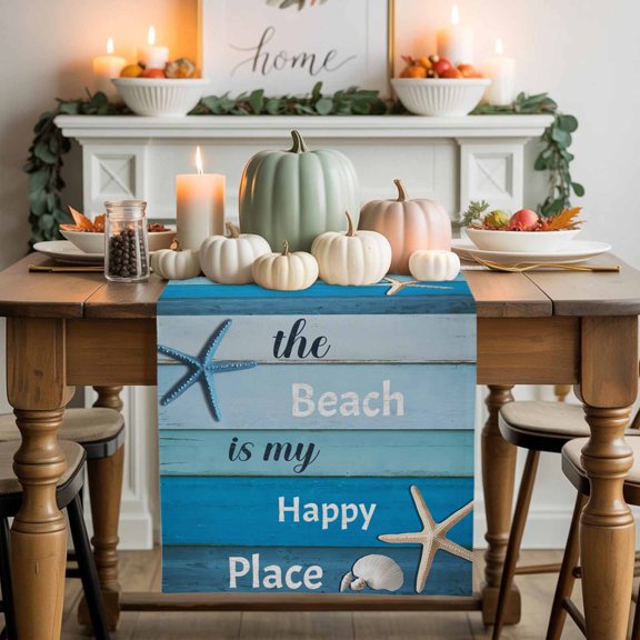 The Beach Is My Happy Place Cotton Linen Table Runner, Washable Table Runners for Kitchen, Dining Room, Holiday, Home Party Table Decor, 13x48 Inches