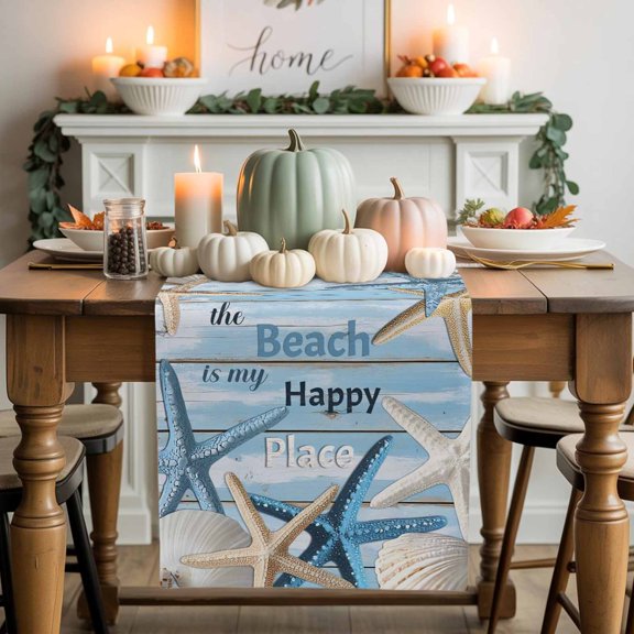 The Beach Is My Happy Place Cotton Linen Table Runner, Washable Table Runners for Kitchen, Dining Room, Holiday, Home Party Table Decor, 13x90 Inches