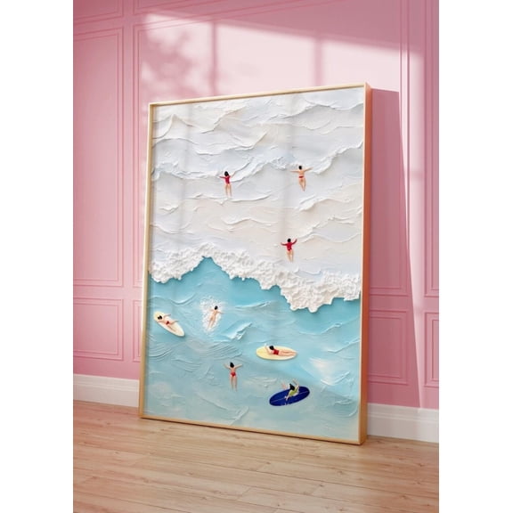 The Beach Joys Ocean Surfing Art,Painted Textured Minimalist, Coastal Contemporary Abstract Swimming Art Decor, 12x18 UNFRAMED