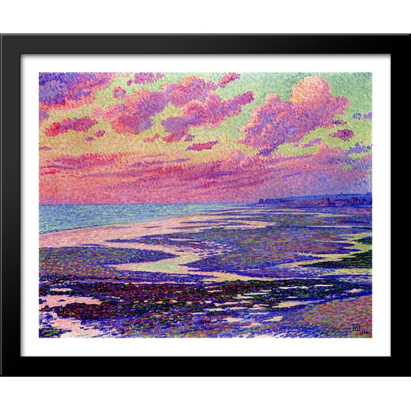 The Beach at Ambleteuse at Low Tide 34x28 Large Black Wood Framed Print Art by Theo van Rysselberghe