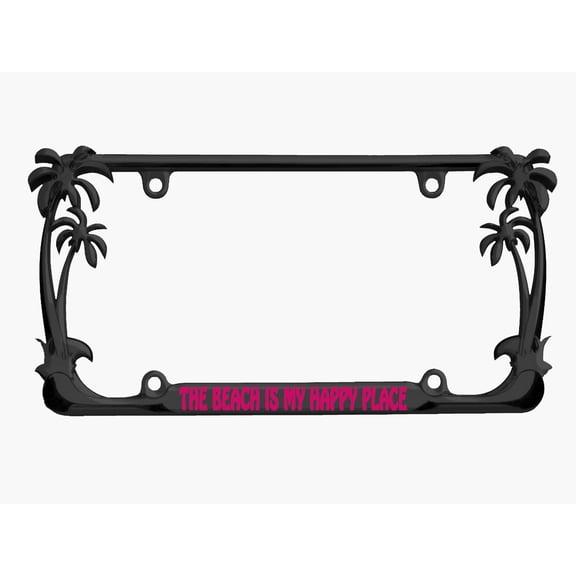 The Beach is My Happy Place Style Palm Tree Heavy Duty Metal License Plate Frame Personalise/Car Accessories Car Tag Holder Cover (Black/D.Pink)