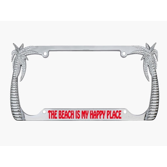 The Beach is My Happy Place Style Palm Tree Heavy Duty Metal License Plate Frame Personalise/Car Accessories Car Tag Holder Cover (Chrome/Red)