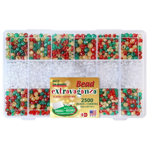 The Beadery 18 Compartment Festive Classic Box, 6672, 2300 Plastic Beads, Red, Green, and Gold, Unisex