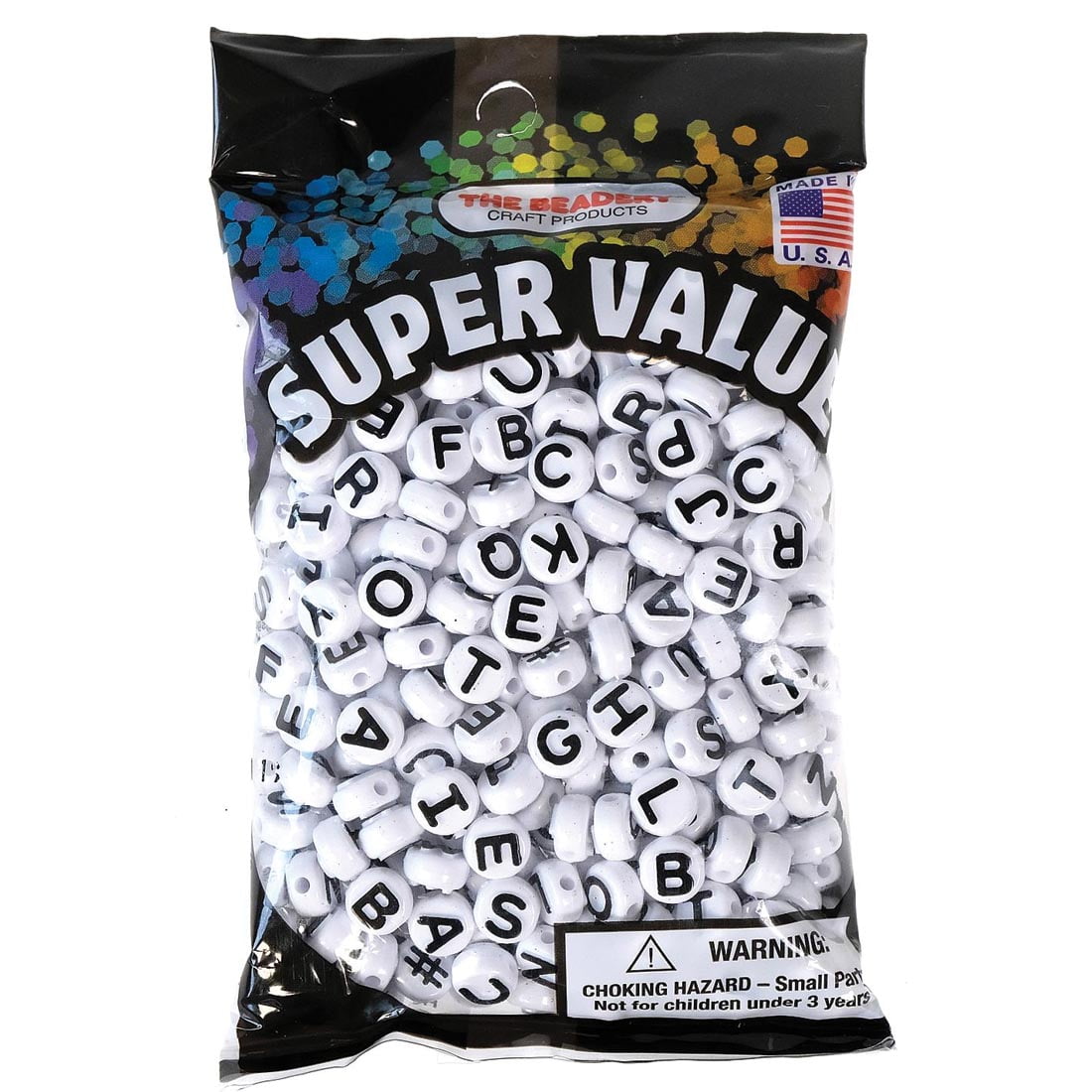 The Beadery Alphabet Beads Super Value Pack, Plastic Beads, White with Black Lettering, 1 package