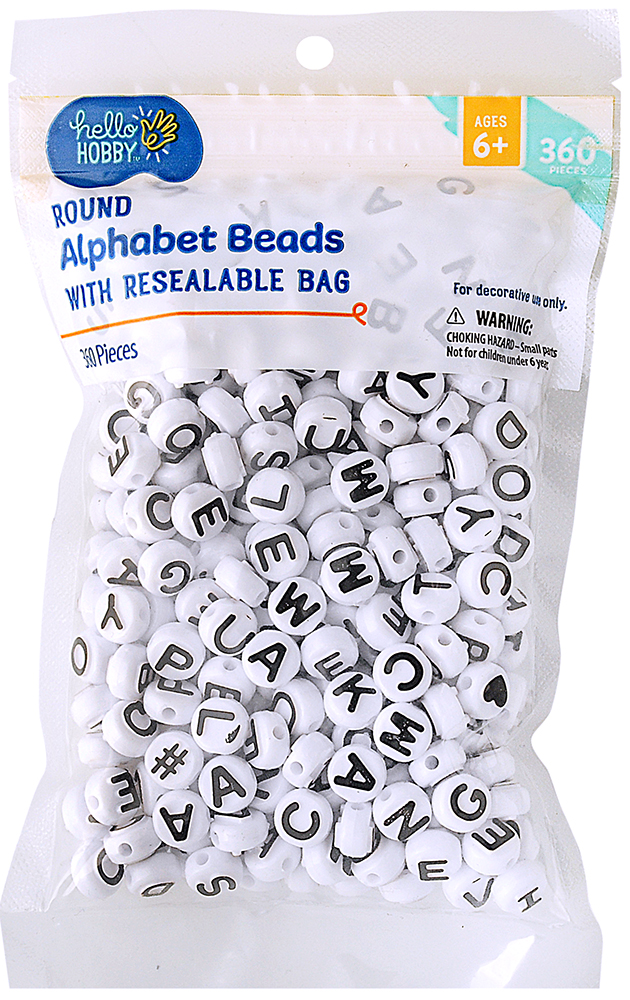 The Beadery - White Alphabet Beads with Black Letters - 360 Pieces- Unisex,  10MM Round 
