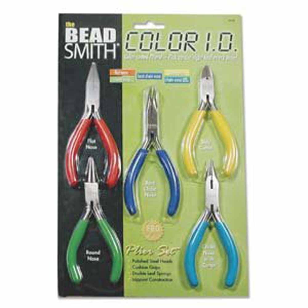 The Beadsmith 5-piece Color ID plier set including Round Nose, Chain Nose, Flat Nose, Bent Chain Nose and Side Cutter, 5 inches, double-leaf spring