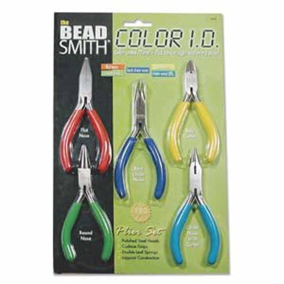 The Beadsmith 5-piece Color ID plier set including Round Nose, Chain Nose, Flat Nose, Bent Chain Nose and Side Cutter, 5 inches, double-leaf spring