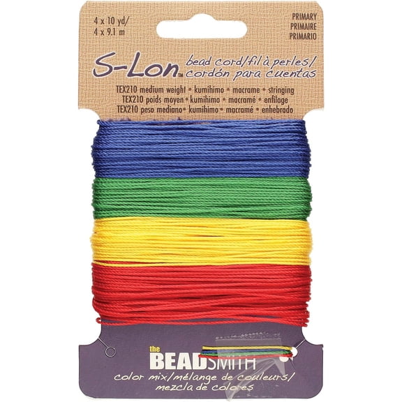 The Beadsmith S-Lon Bead Cord – .5 mm Twisted Nylon Cord for Stringing, TEX210, Primary Colors Mix, 4 Colors, 10 Yards Each Color