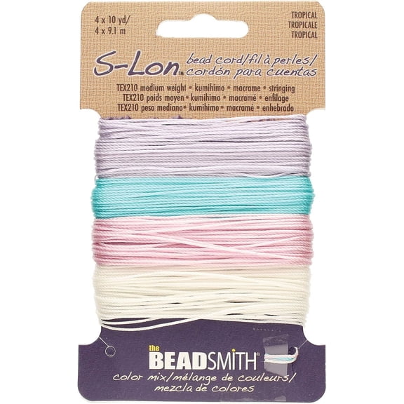 The Beadsmith S-Lon Bead Cord – .5 mm Twisted Nylon Cord for Stringing, TEX210, Tropical Mix, 4 Colors, 10 Yards Each Color