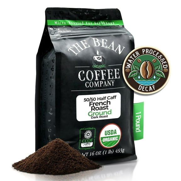 The Bean Organic Coffee Company 50/50 French Roast, 50% Decaf, Dark Roast, Ground Coffee, 16-Ounce Bag