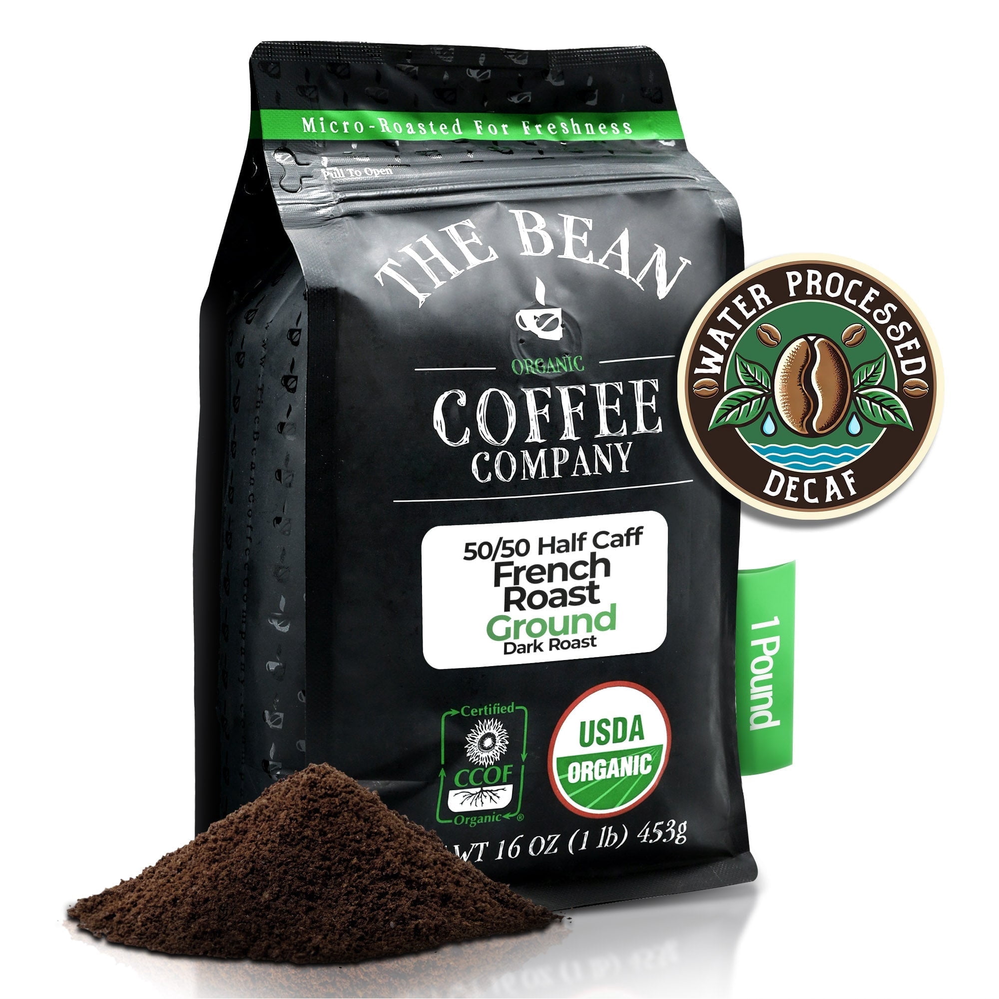 The Bean Organic Coffee Company 50/50 French Roast, 50% Decaf, Dark Roast, Ground Coffee, 16-Ounce Bag