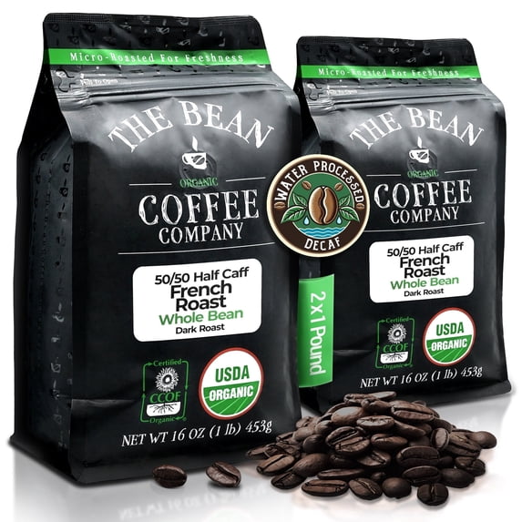 The Bean Organic Coffee Company 50/50 French Roast, 50% Decaf, Dark Roast, Whole Bean Coffee, 16-Ounce Bag (Pack of 2)