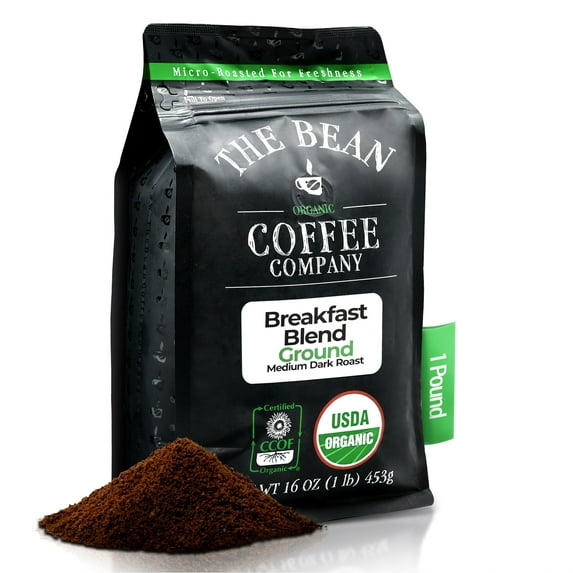 The Bean Organic Coffee Company Breakfast Blend, Medium Dark Roast, Ground Coffee, 16-Ounce Bag