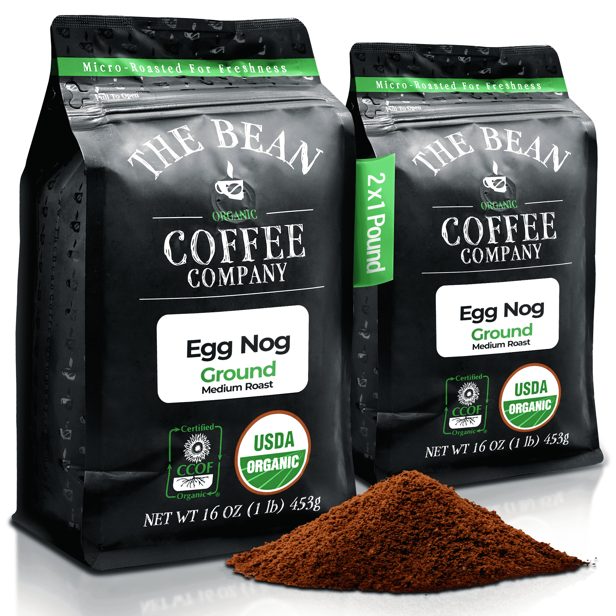 The Bean Organic Coffee Company Egg Nog, Medium Roast, Ground Coffee, 16-Ounce Bags (Pack of 2)
