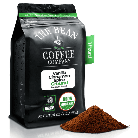 The Bean Organic Coffee Company Holiday Bean (Vanilla Cinnamon Spice), Medium Roast, Ground Coffee, 16-Ounce Bag