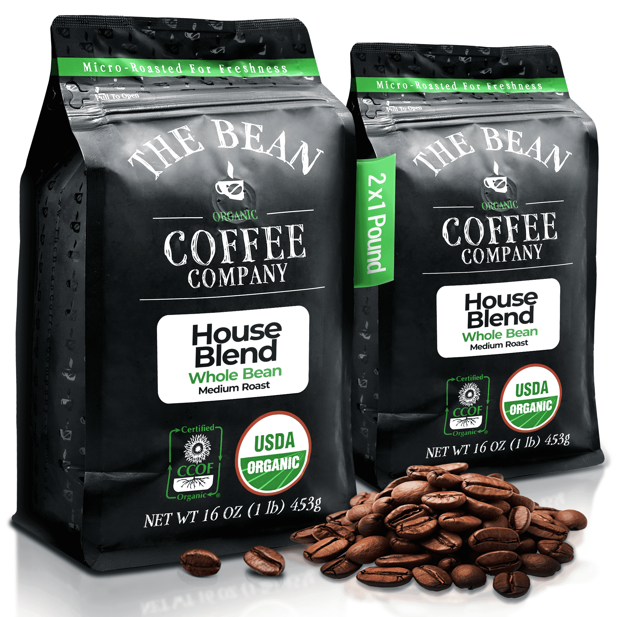 The Bean Organic Coffee Company House Blend, Medium Roast, Whole Bean Coffee, 16-Ounce Bags (Pack of 2)