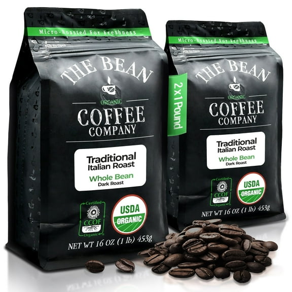 The Bean Organic Coffee Company Il Chicco (Traditional Italian Roast), Dark Roast, Whole Bean Coffee, 16-Ounce Bags (Pack of 2)
