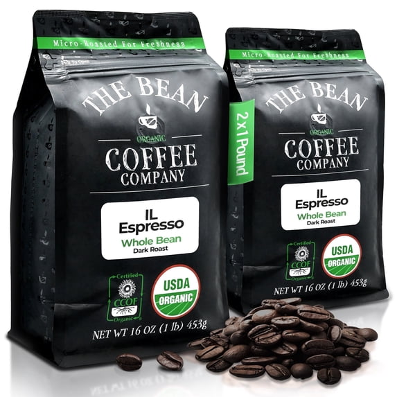 The Bean Organic Coffee Company Il Espresso, Classic Dark Roast, Whole Bean Coffee, 16-Ounce Bags (Pack of 2)