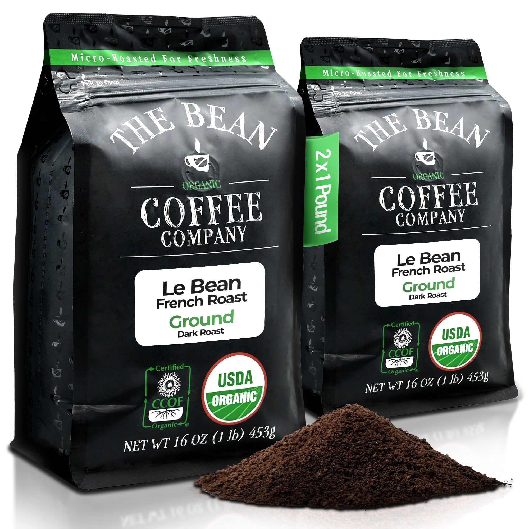 The Bean Organic Coffee Company Le Bean, Dark French Roast, Ground Coffee, 16-Ounce Bags (Pack of 2)