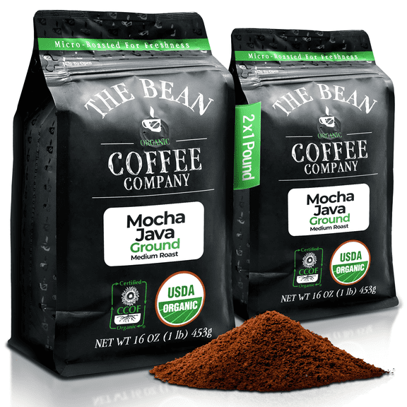 The Bean Organic Coffee Company Mocha Java, Medium Roast, Ground Coffee, 16-Ounce Bags (Pack of 2)