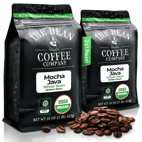 The Bean Organic Coffee Company Mocha Java, Medium Roast, Whole Bean Coffee, 16-Ounce Bags (Pack of 2)