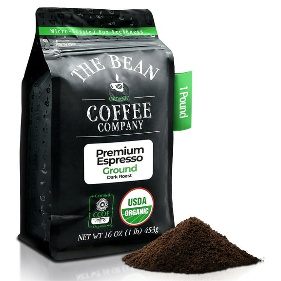 The Bean Organic Coffee Company Premium Espresso, Dark Roast, Ground Coffee, 16-Ounce Bag