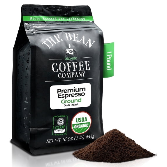 The Bean Organic Coffee Company Premium Espresso, Dark Roast, Ground Coffee, 16-Ounce Bag