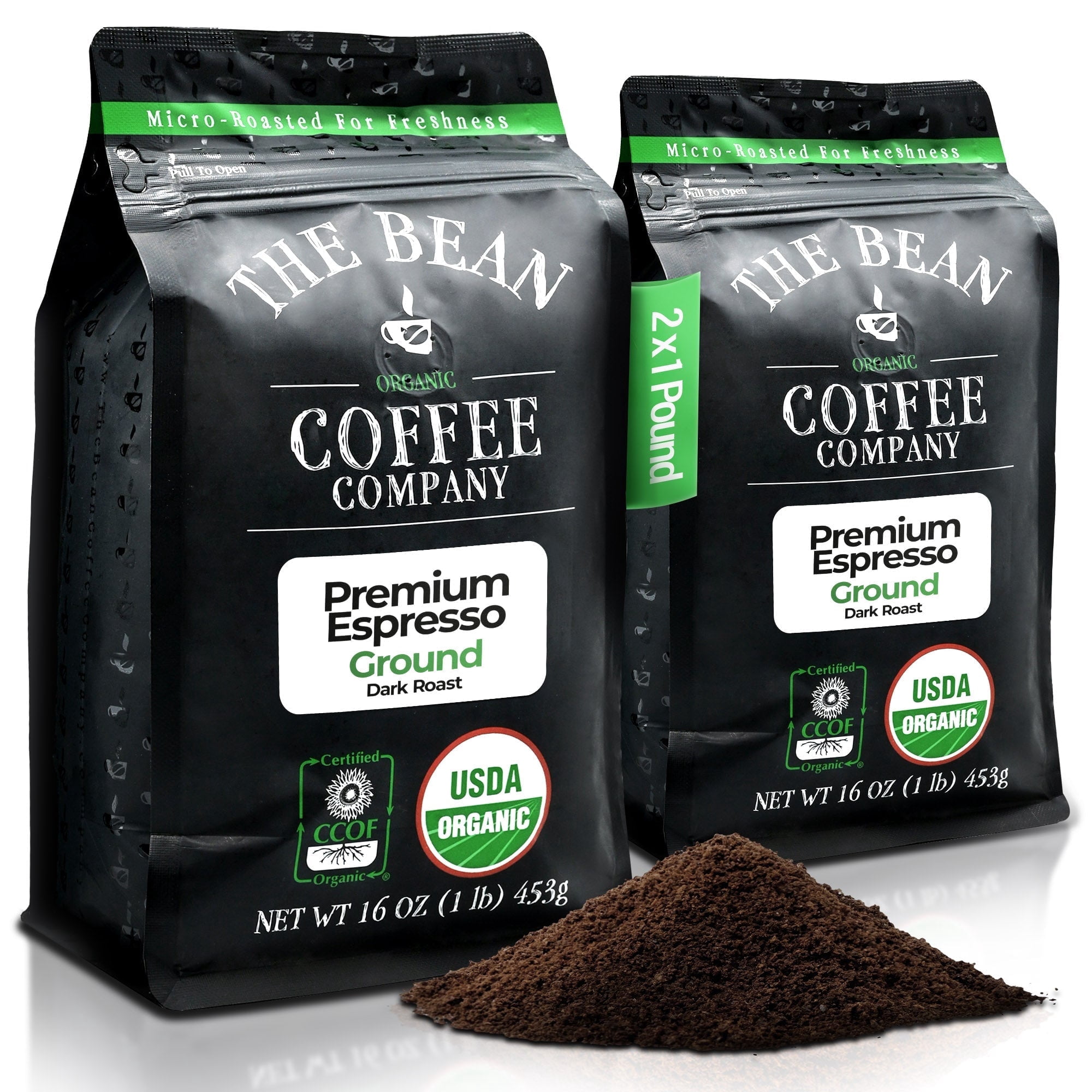 The Bean Organic Coffee Company Premium Espresso, Dark Roast, Ground Coffee, 16-Ounce Bags (Pack of 2)
