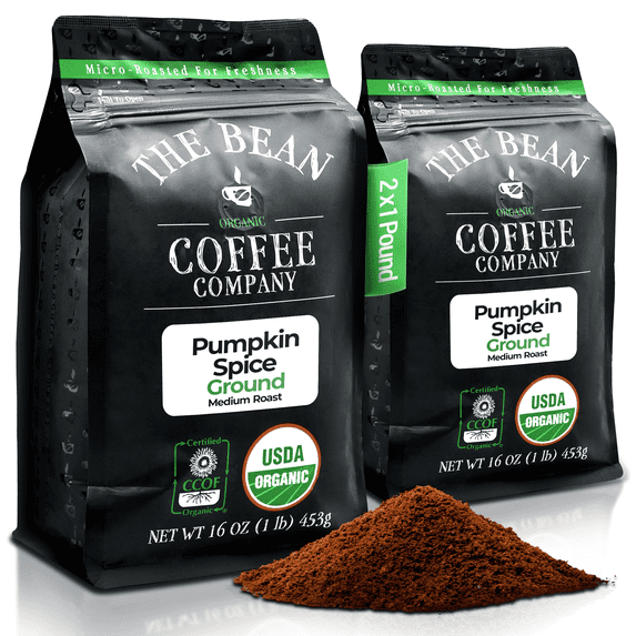 The Bean Organic Coffee Company Pumpkin Spice, Medium Roast, Ground Coffee, 16-Ounce Bags (Pack of 2)