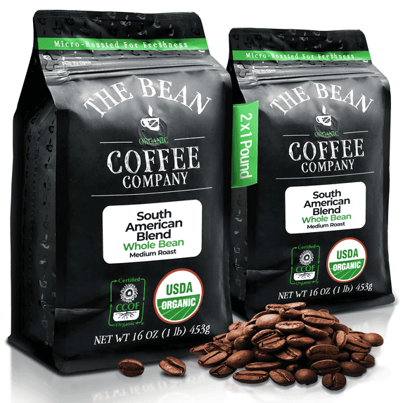 The Bean Organic Coffee Company South America, Medium Roast, Whole Bean Coffee, 16-Ounce Bags (Pack of 2)