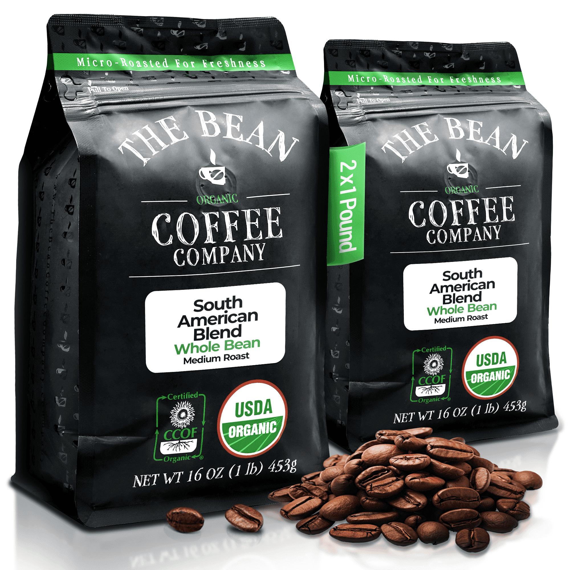 The Bean Organic Coffee Company South America, Medium Roast, Whole Bean Coffee, 16-Ounce Bags (Pack of 2)