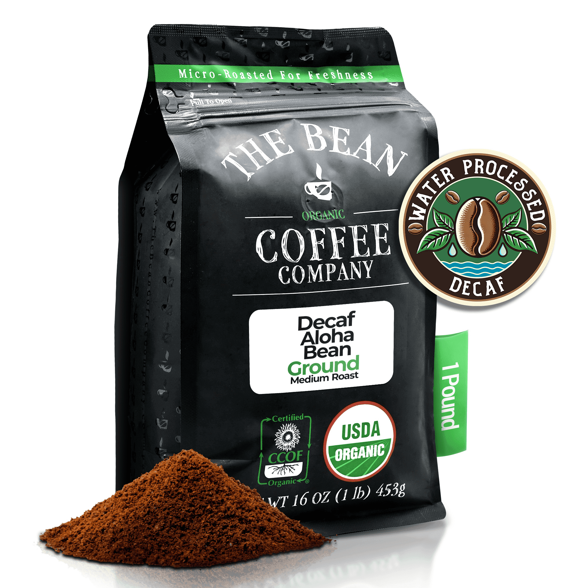 The Bean Organic Coffee Company Water Processed DECAF Aloha Bean (Hawaiian Hazelnut), Medium Roast, Ground Coffee, 16-Ounce Bag