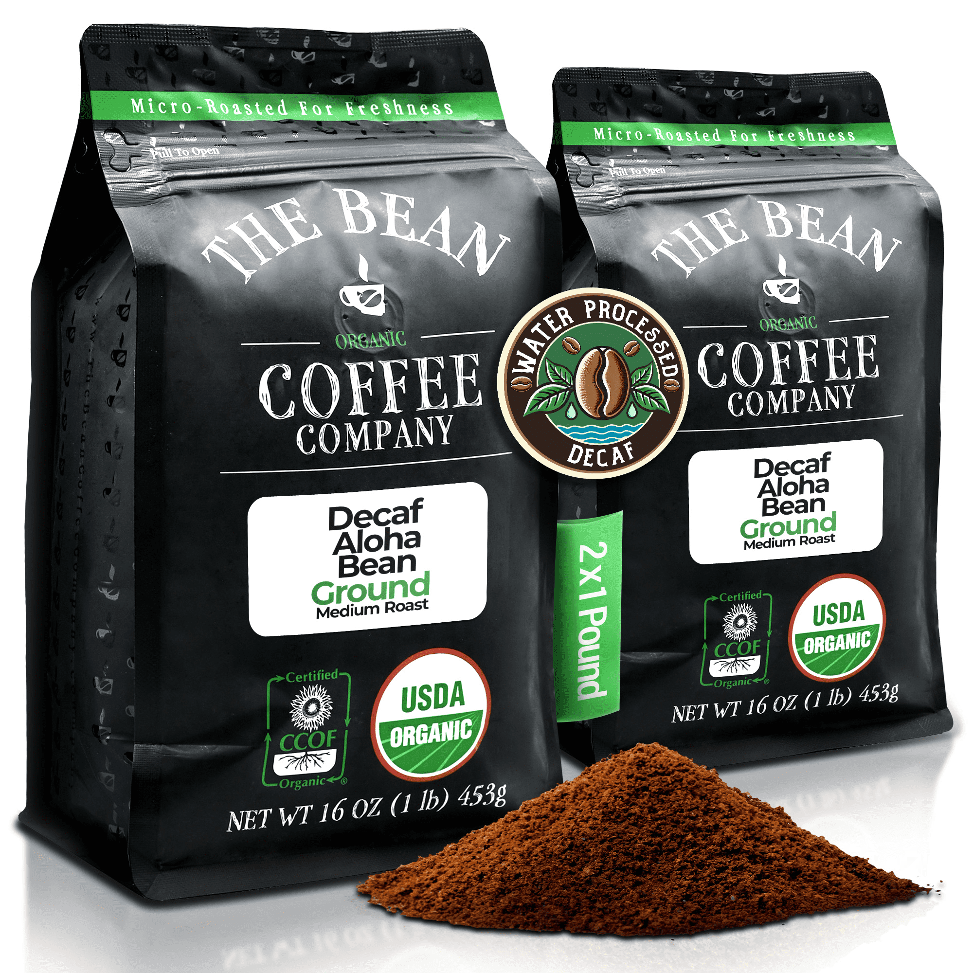 The Bean Organic Coffee Company Water Processed DECAF Aloha Bean (Hawaiian Hazelnut), Medium Roast, Ground Coffee, 16-Ounce Bags (Pack of 2)