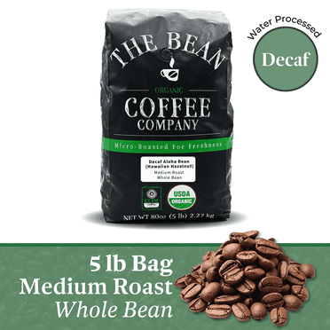 The Bean Organic Coffee Company Water Processed DECAF Aloha Bean (Hawaiian Hazelnut), Medium Roast, Whole Bean Coffee, 5-Pound Bag
