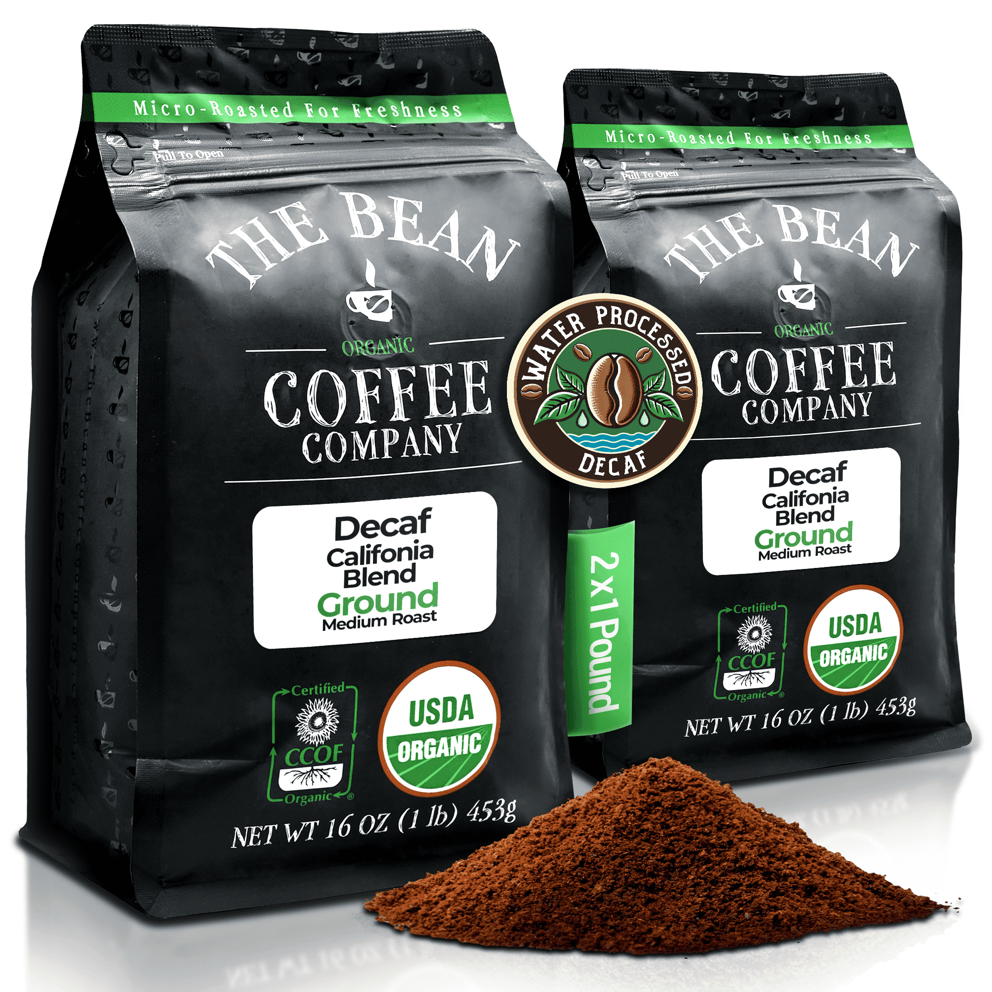 The Bean Organic Coffee Company Water Processed DECAF California Blend, Medium Roast, Ground Coffee, 16-Ounce Bags (Pack of 2)