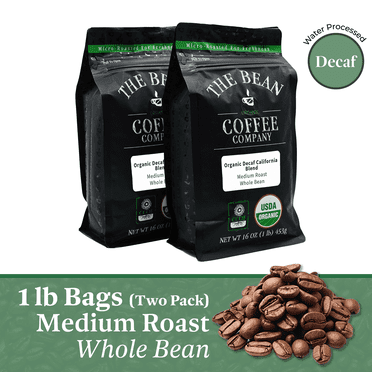 The Bean Organic Coffee Company Water Processed DECAF California Blend, Medium Roast, Whole Bean Coffee, 16-Ounce Bags (Pack of 2)