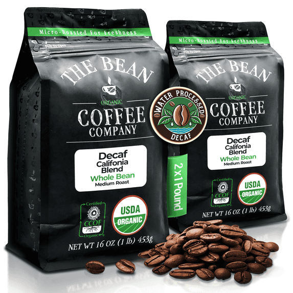 The Bean Organic Coffee Company Water Processed DECAF California Blend, Medium Roast, Whole Bean Coffee, 16-Ounce Bags (Pack of 2)