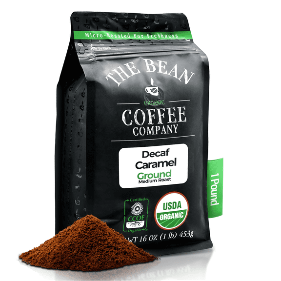 The Bean Organic Coffee Company Water Processed DECAF Caramel, Medium Roast, Ground Coffee, 16-Ounce Bag