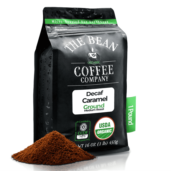 The Bean Organic Coffee Company Water Processed DECAF Caramel, Medium Roast, Ground Coffee, 16-Ounce Bag